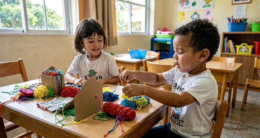 mãos de criança montando cenário de papelão e tecido na creche