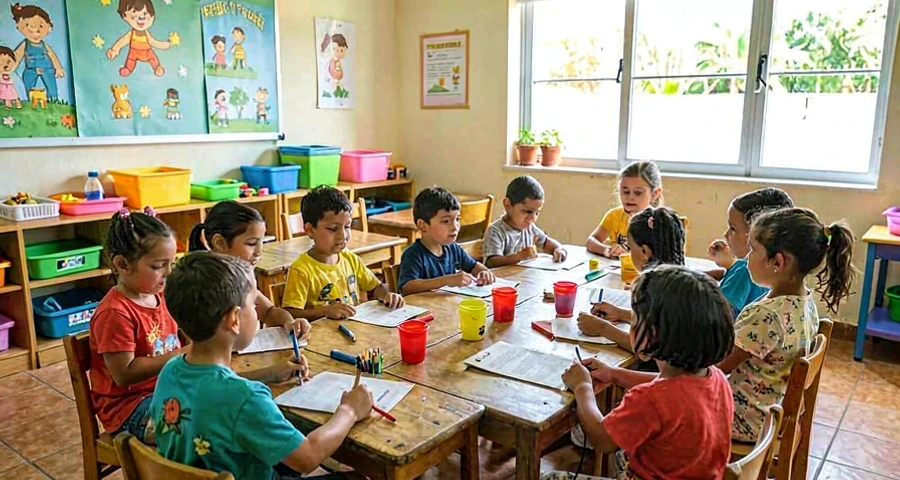 cenário de faz de conta finalizado em atividade coletiva na creche