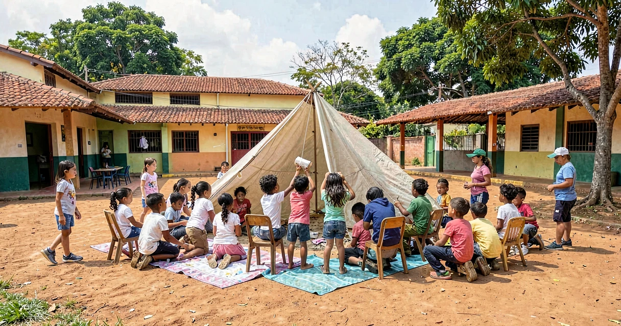plano de aula acampamento de faz de conta: crianças da pré-escola montando barraca no pátio