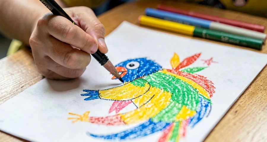 criança desenhando animal brasileiro favorito com giz de cera na pré-escola