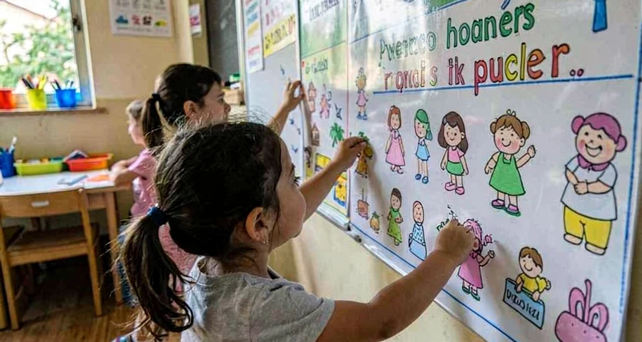 criança da creche colando adesivo em gráfico de preferências coletivo