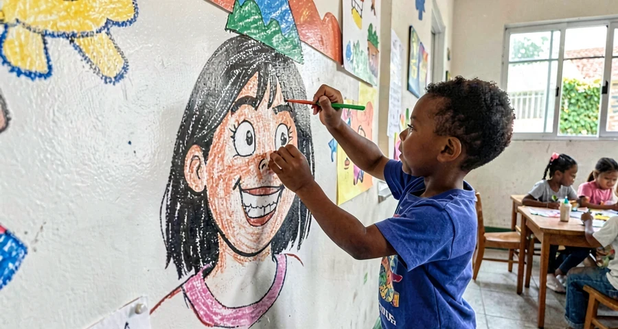criança da creche colando desenho de expressão no mural coletivo