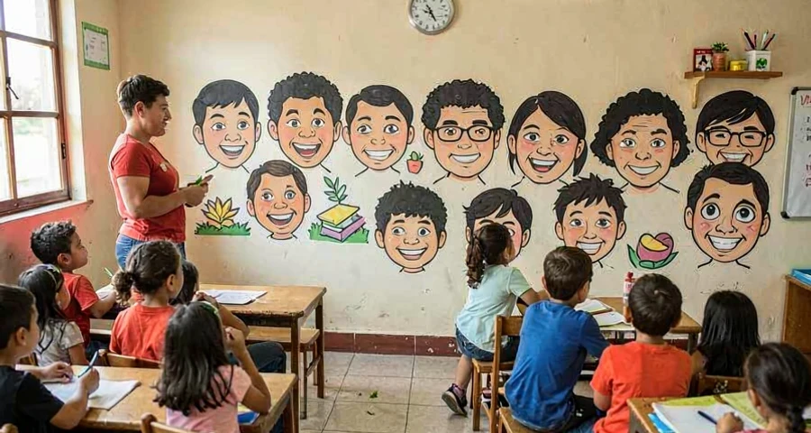 mural coletivo de expressões faciais finalizado em atividade na creche