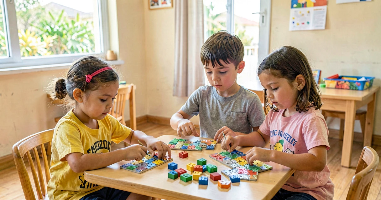 plano de aula quebra-cabeça: crianças da pré-escola montando quebra-cabeça em dupla