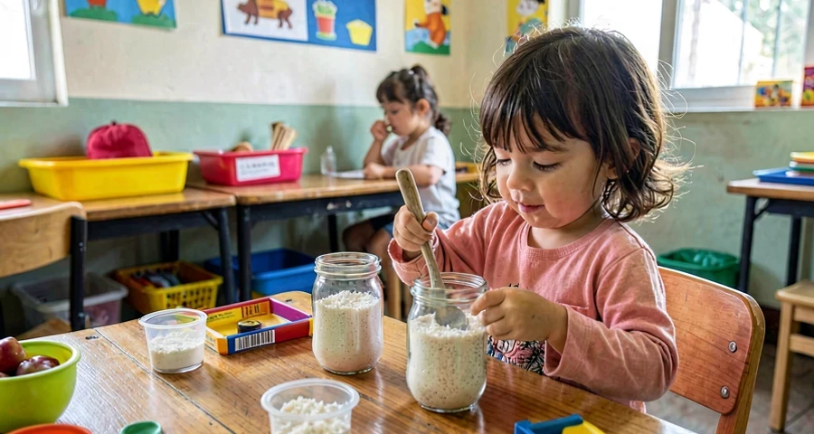Instrumentos musicais caseiros creche: criança pequena manipulando garrafas com arroz e colher de madeira