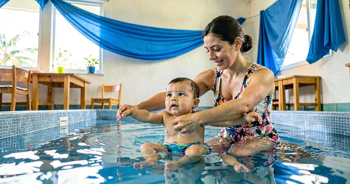plano de aula nadando como peixinho: educadora ajudando bebê a imitar natação na creche