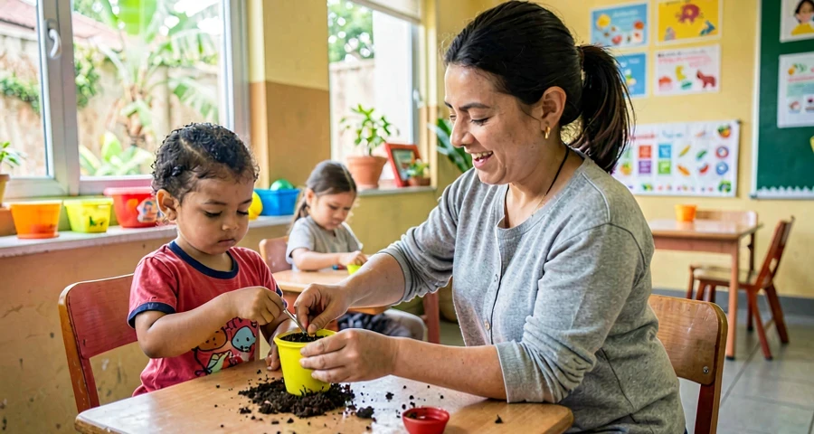 Atividade plantio creche: criança colocando semente em vaso com orientação do professor