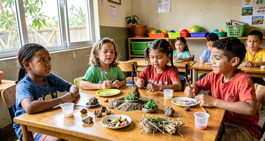 coleção de elementos naturais coletados por crianças da creche