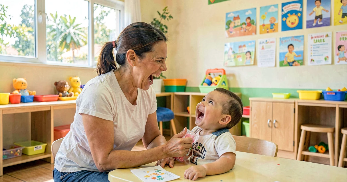 plano de aula caretas engraçadas: educadora fazendo expressão facial para bebê