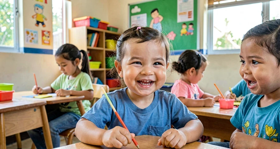 bebê sorrindo durante atividade de expressões faciais na creche