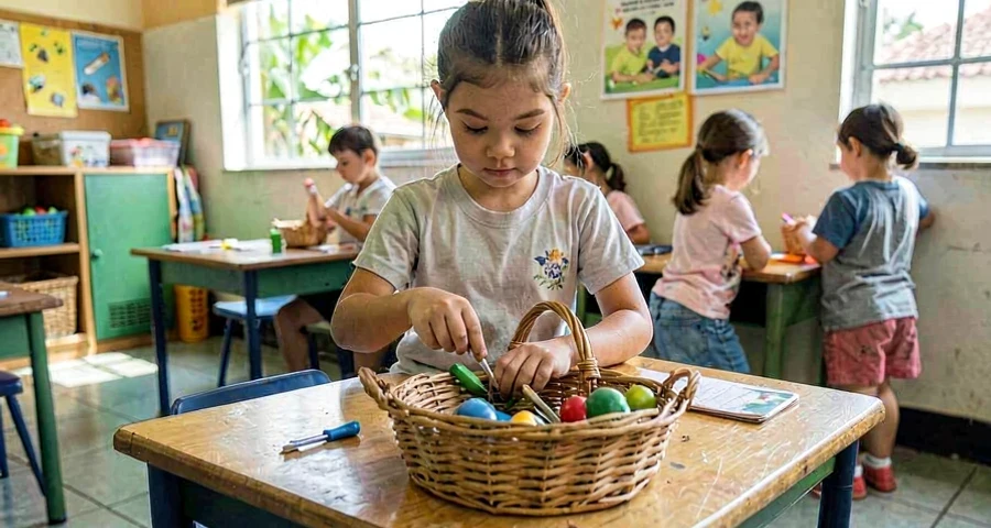 cesta com objetos de apego usados em atividade emocional na creche