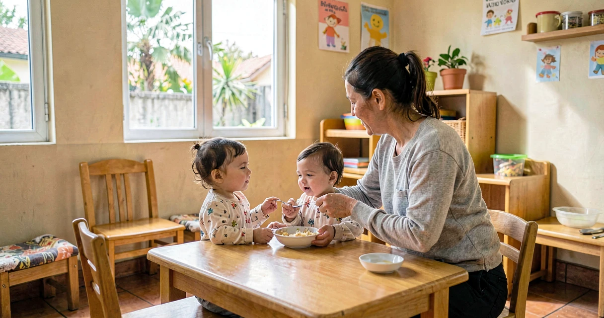plano de aula primeira refeição: educadora oferecendo alimento a bebê em adaptação na creche