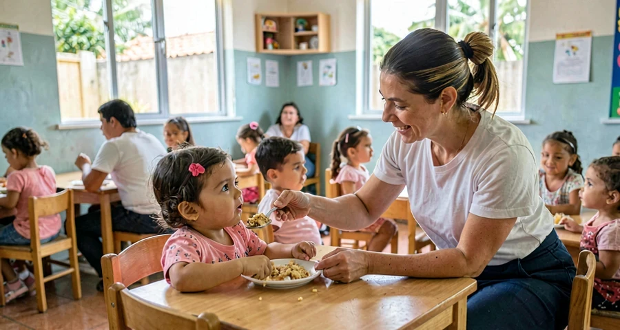 educadora oferecendo colher de alimento a bebê durante primeira refeição na creche