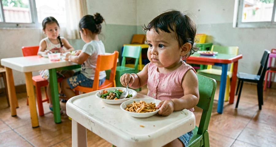 cadeira de alimentação preparada para primeira refeição de bebê na creche