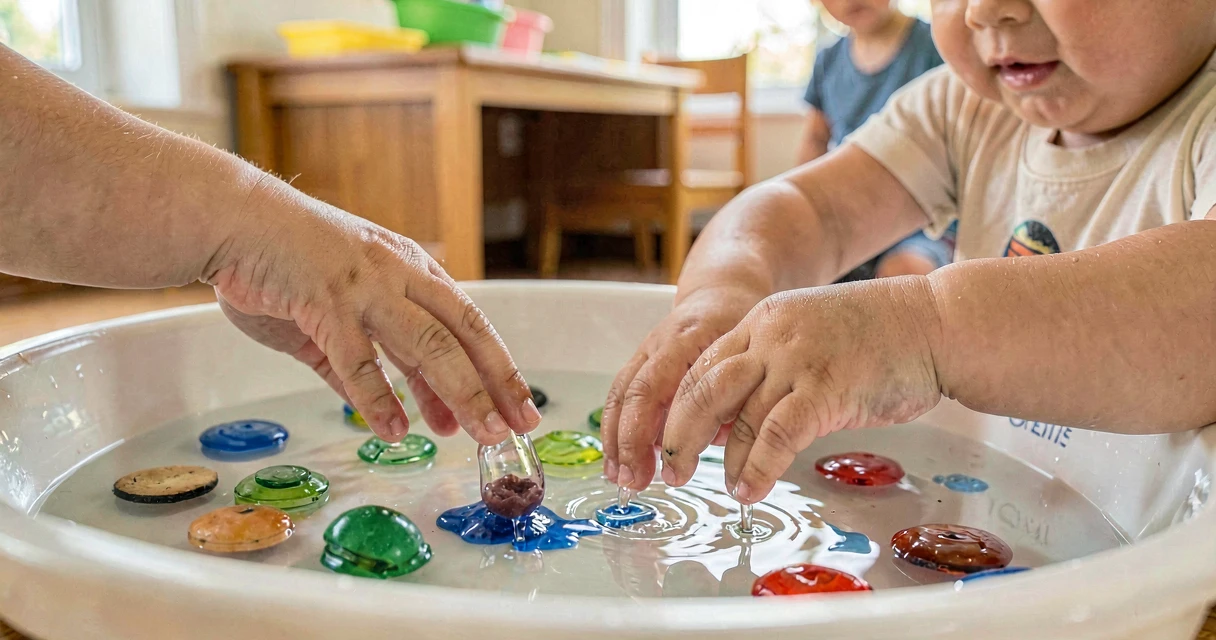 Brincadeira com água na creche: crianças pequenas explorando objetos que flutuam e afundam em bacia com água