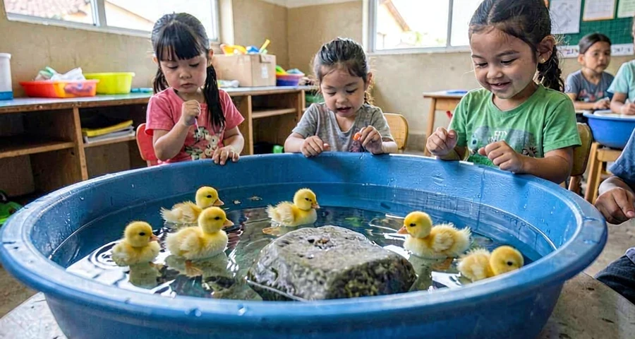 Exploração sensorial de objetos: patinhos flutuando e pedra afundando em bacia com água para crianças bem pequenas