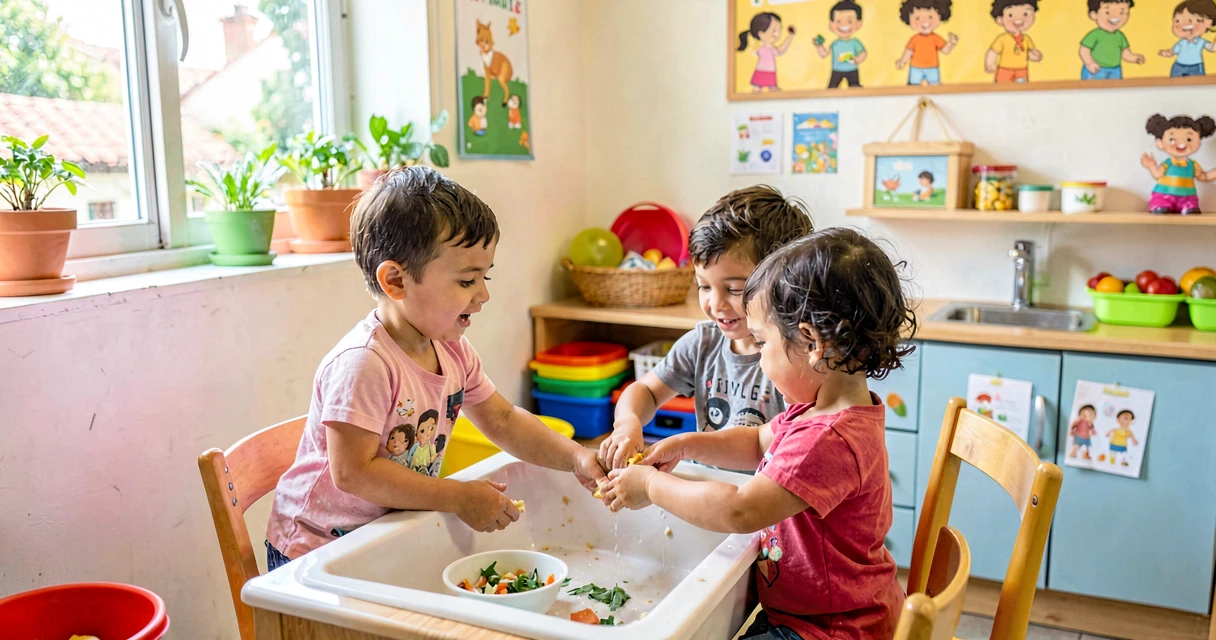 plano de aula antes e depois da refeição: crianças da creche lavando as mãos antes de comer