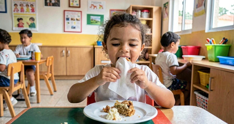 criança da creche limpando a boca com guardanapo após a refeição