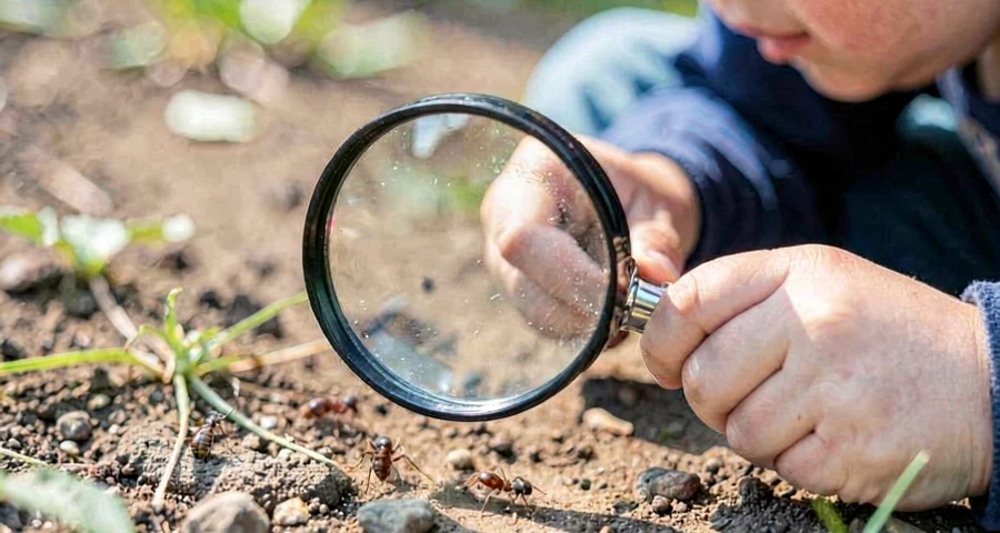 criança da creche usando lupa para observar formigas em atividade investigativa