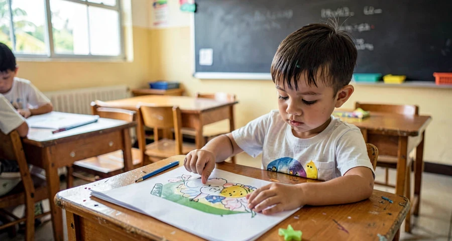 criança da creche apontando elemento de ilustração durante atividade de leitura visual