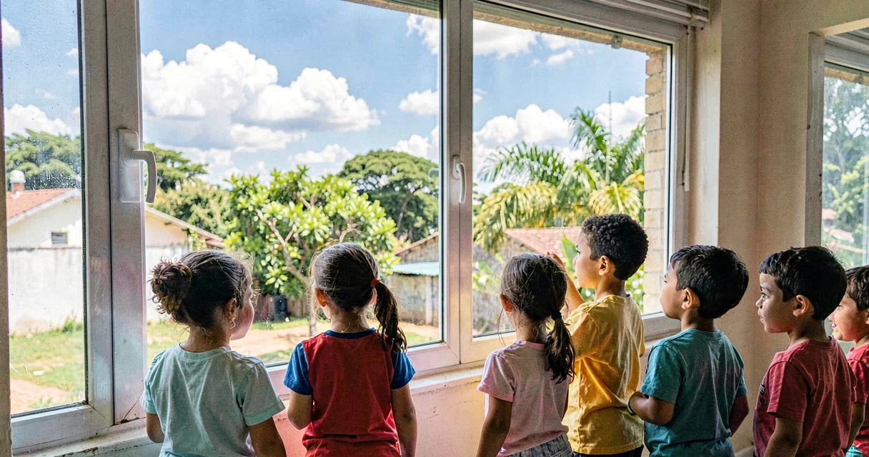 plano de aula calendário do tempo: crianças da pré-escola observando o céu pela janela