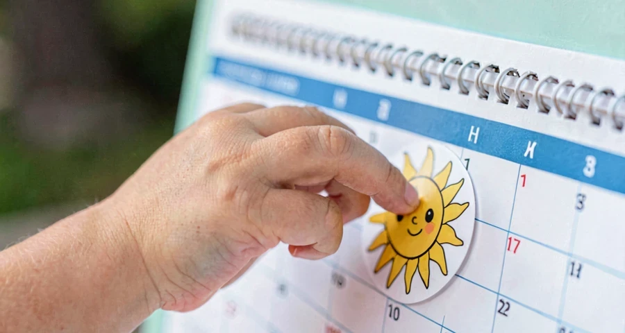 criança colando símbolo de sol no calendário do tempo em atividade de geografia