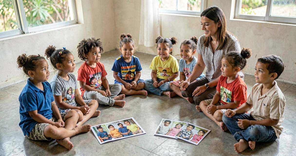 plano de aula fotografias de família: crianças da pré-escola observando fotos em roda de conversa