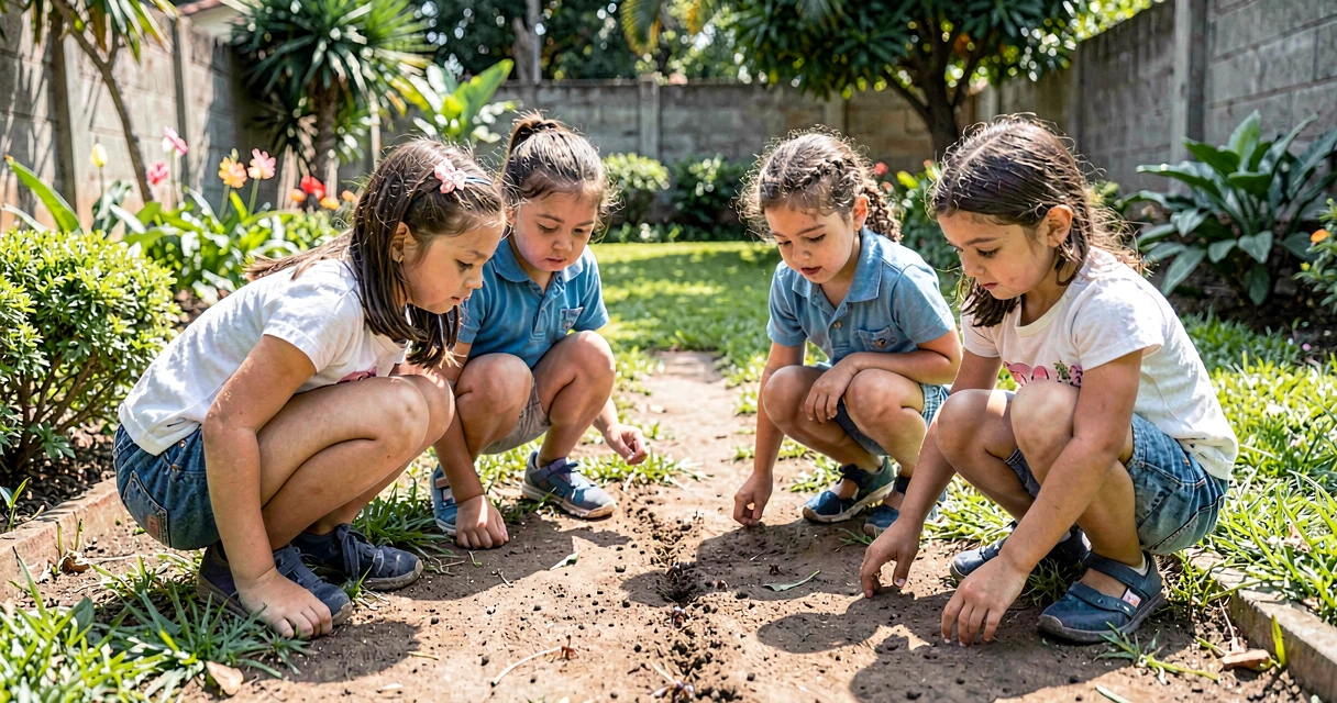 plano de aula observando formigas: crianças da pré-escola observando trilha de formigas no jardim