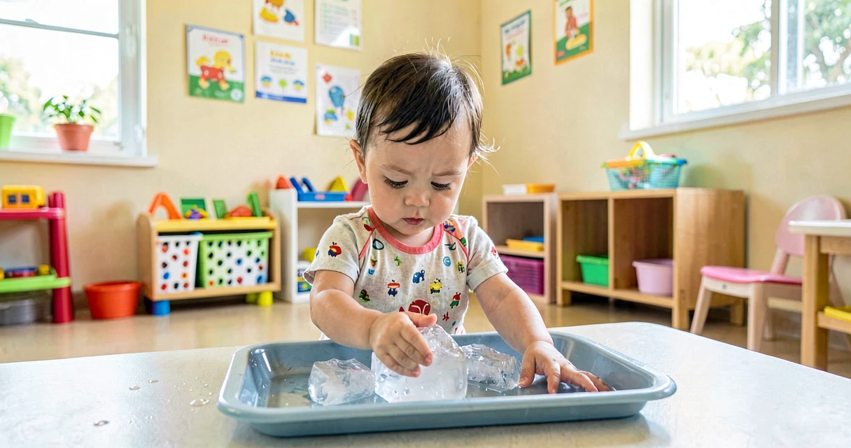 plano de aula gelo derretendo: bebê da creche tocando gelo em atividade investigativa