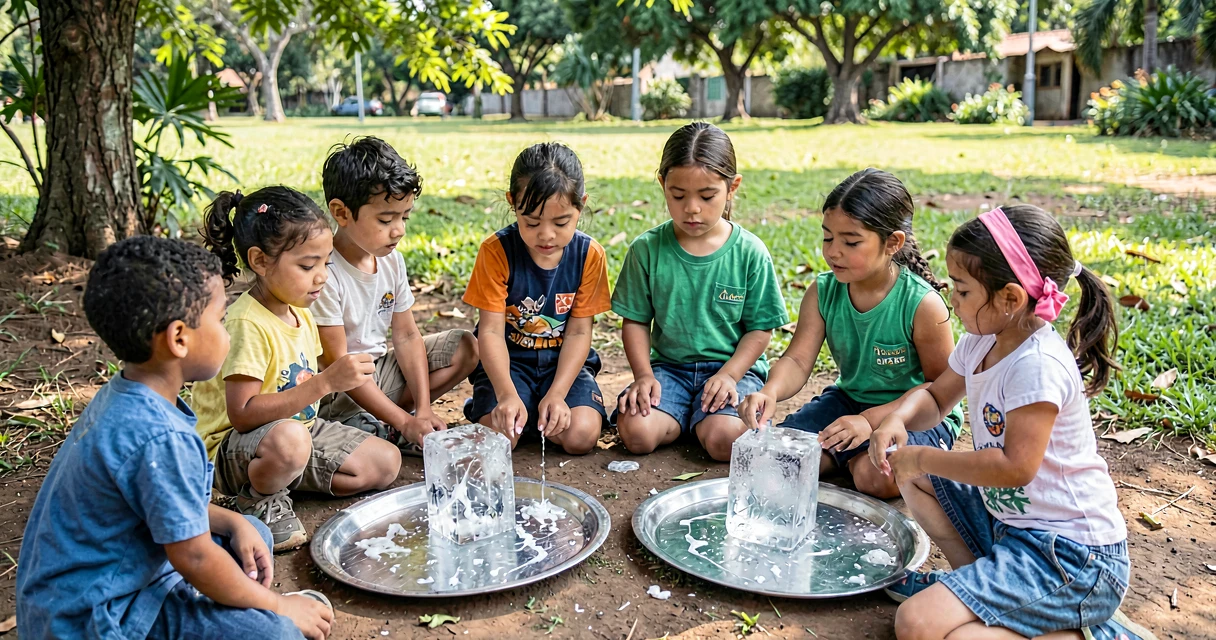 plano de aula gelo derretendo: crianças da pré-escola observando blocos de gelo ao sol