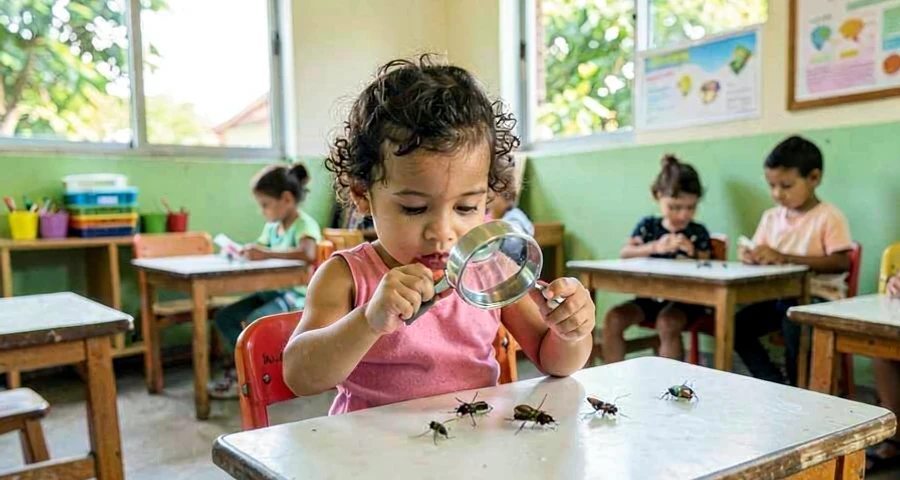 bebê usando lupa para observar insetos durante atividade externa na creche