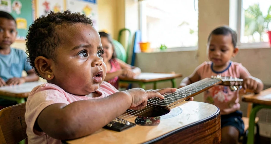desenvolvimento sensorial bebê creche: rosto de bebê em foco observando som e movimento de instrumento musical