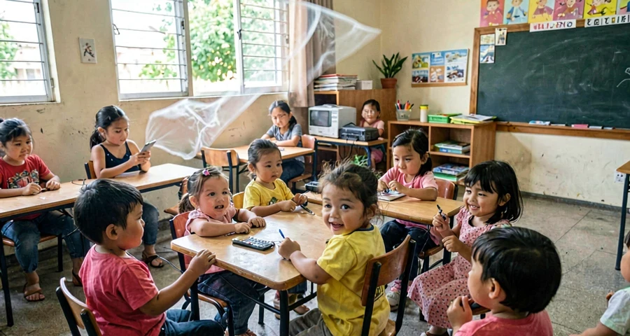 pano leve simulando vento em atividade sonora com bebês na creche