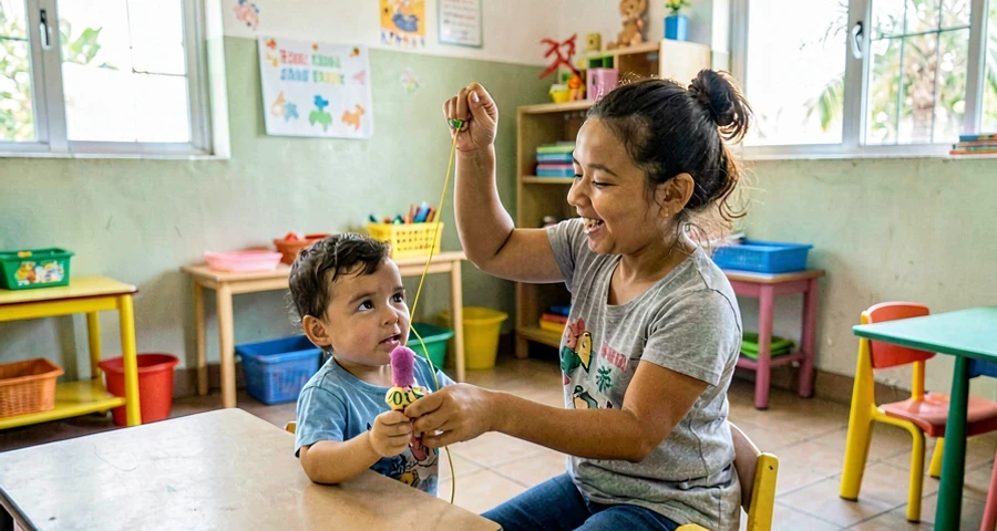 educadora usando fantoche durante atividade de rimas com bebê na creche
