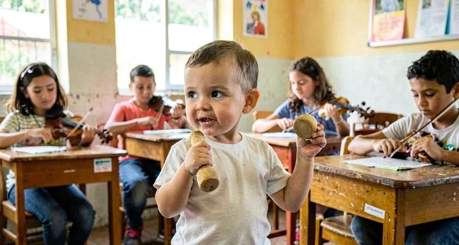 bebê segurando chocalho durante atividade de música clássica na creche