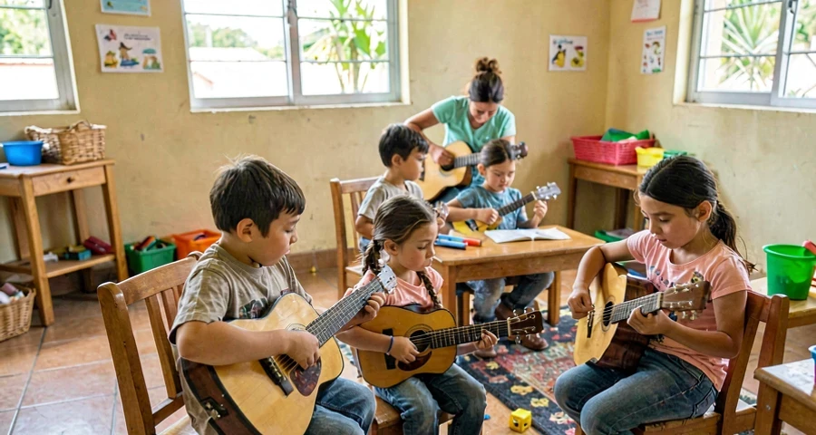 instrumentos musicais pequenos usados em atividade de escuta musical na creche