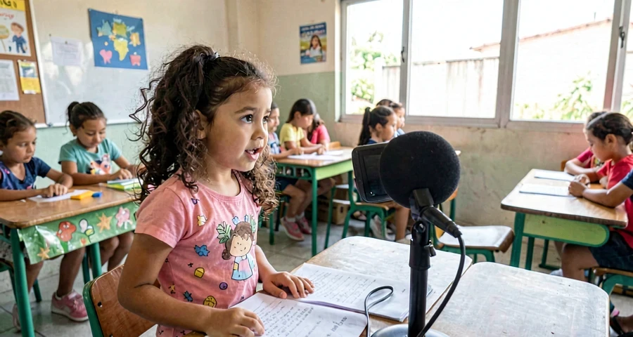 criança da creche falando perto de gravador durante atividade de linguagem
