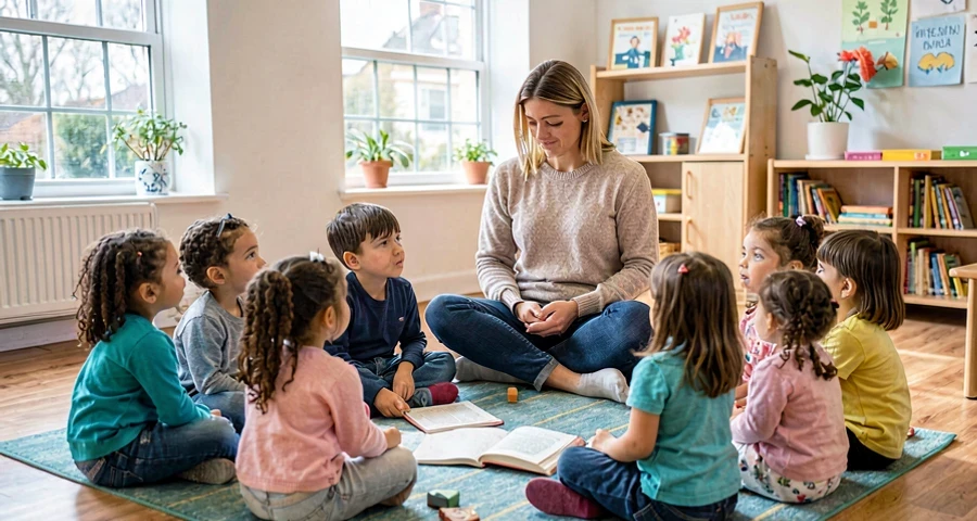 educadora ouvindo histórias de família compartilhadas por crianças da pré-escola