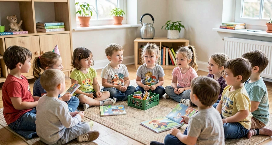 crianças da pré-escola ouvindo atentamente histórias de infância dos familiares