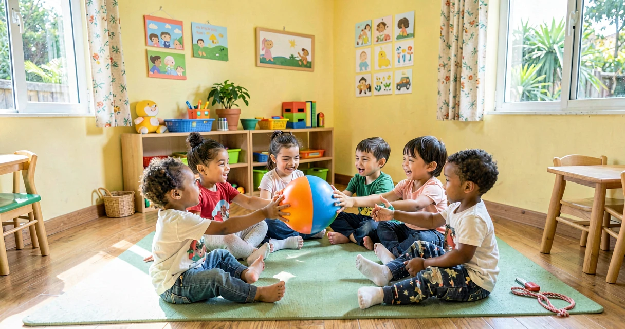 plano de aula passando a bola na roda: crianças da creche passando bola macia em roda