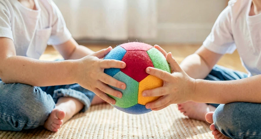 criança da creche passando bola para colega em atividade cooperativa na creche
