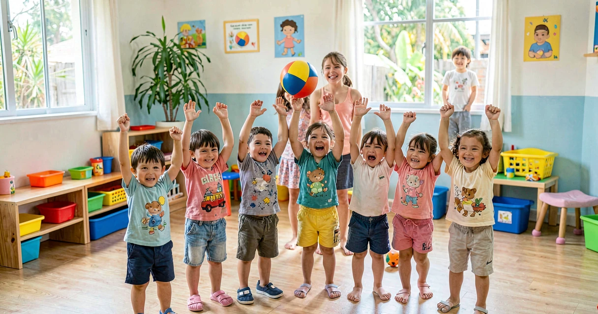 plano de aula bolinha por cima da cabeça: crianças da creche passando bolinha em fila cooperativa