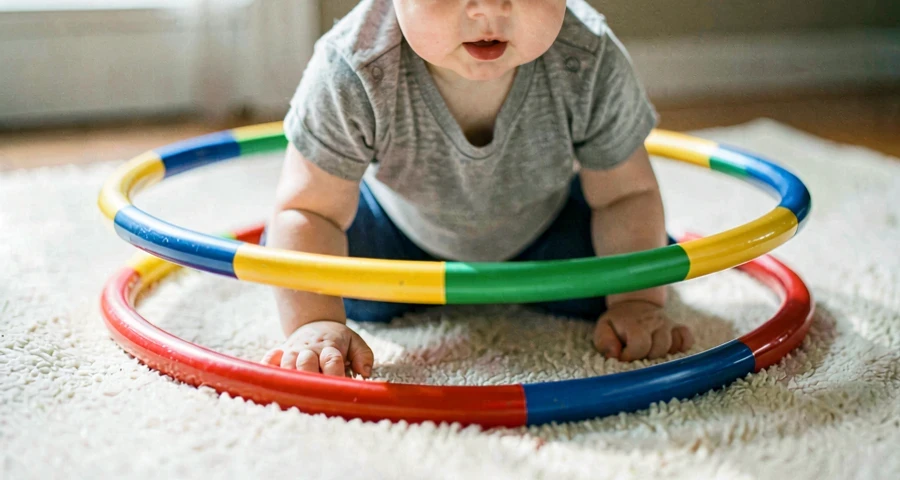 bebê passando por arco colorido durante atividade motora na creche