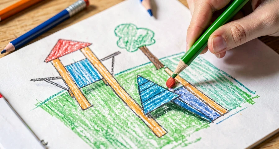desenho de criança representando ideia de melhoria para o playground da escola