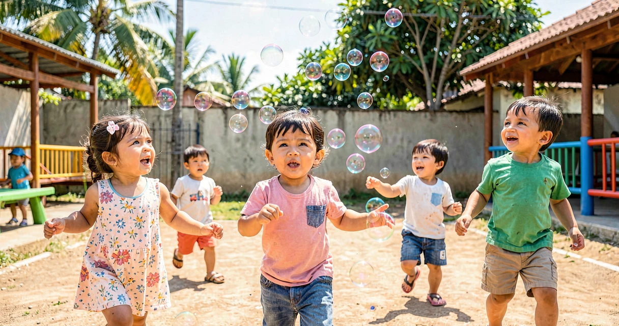 plano de aula bolhas de sabão: crianças da creche perseguindo bolhas ao ar livre