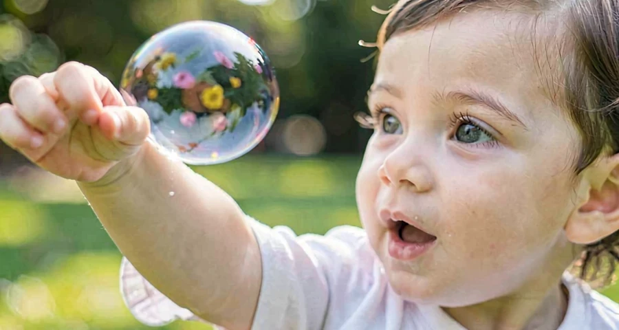 criança da creche estourando bolha de sabão durante atividade motora