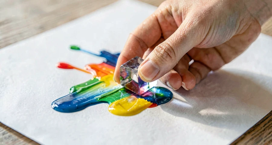 criança da creche pintando com cubo de gelo colorido em atividade artística