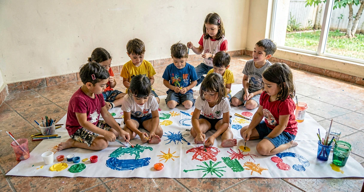 plano de aula pintura com os pés: crianças da pré-escola pintando com os pés em tela no chão