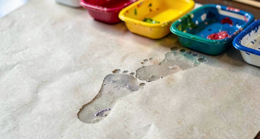 bandejas de tinta colorida com marcas de pés sobre papel grande em atividade artística