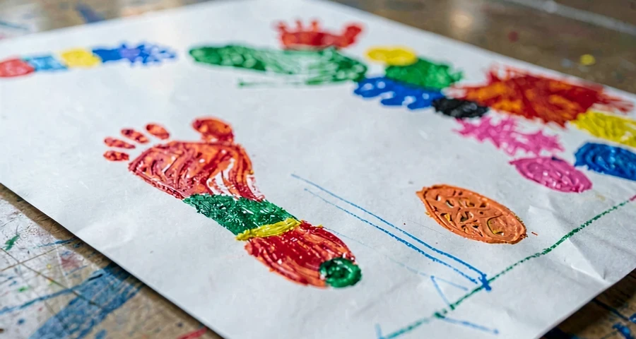 marcas coloridas de pés formando obra coletiva em tela de papel no chão